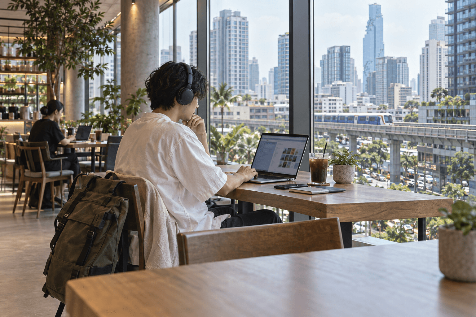 バンコクのビル街を望む都会のカフェで、ノートPCを使って働くノマドワーカーのイメージ